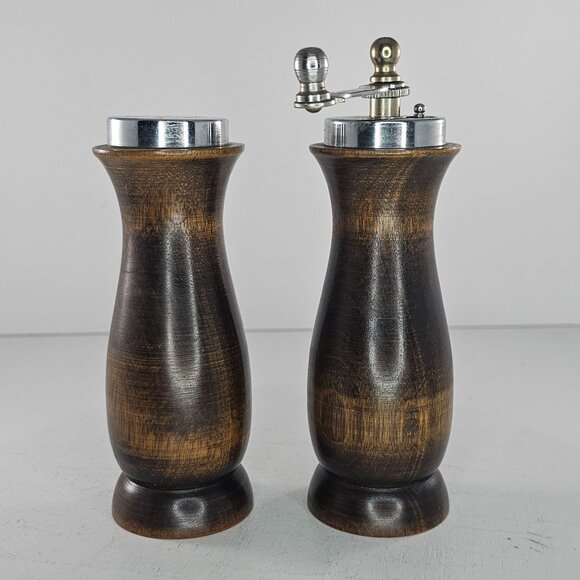Vintage Catalina Japan Wooden Salt Pepper Grinder Set Metal Accents - Picture 2 of 8